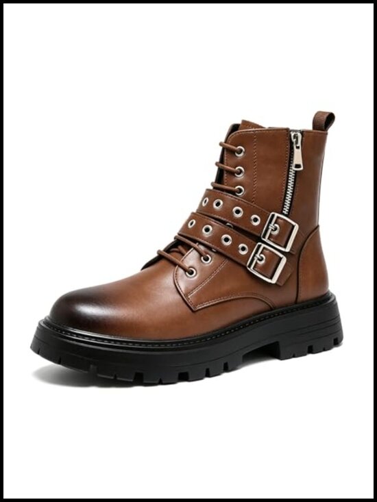 Men\'s Black Leather Platform Ankle Boots Lace up Side Zip Adjustable Buckle Lug main image 4